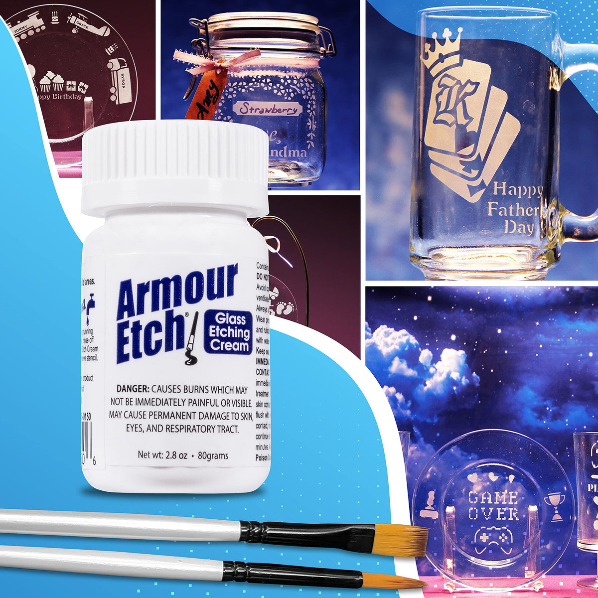 Armour Etch Glass Etching Cream 2.8oz Net Wt. Bundle with Moshify Brushes