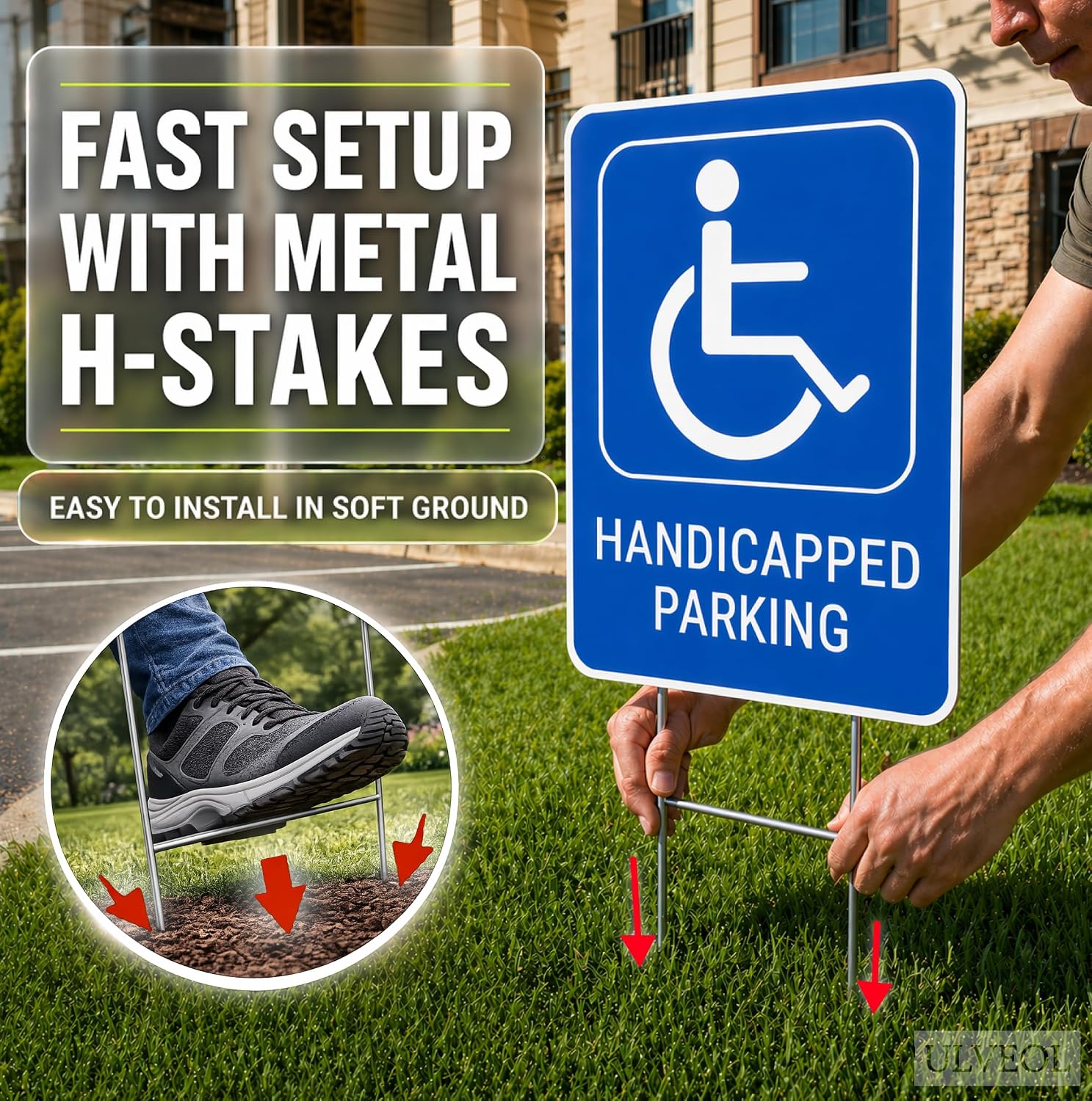 Set of 3 Handicapped Parking Sign with Metal Wire H-Stakes - Double Sided Plastic Reserved Parking Signs - 12x16