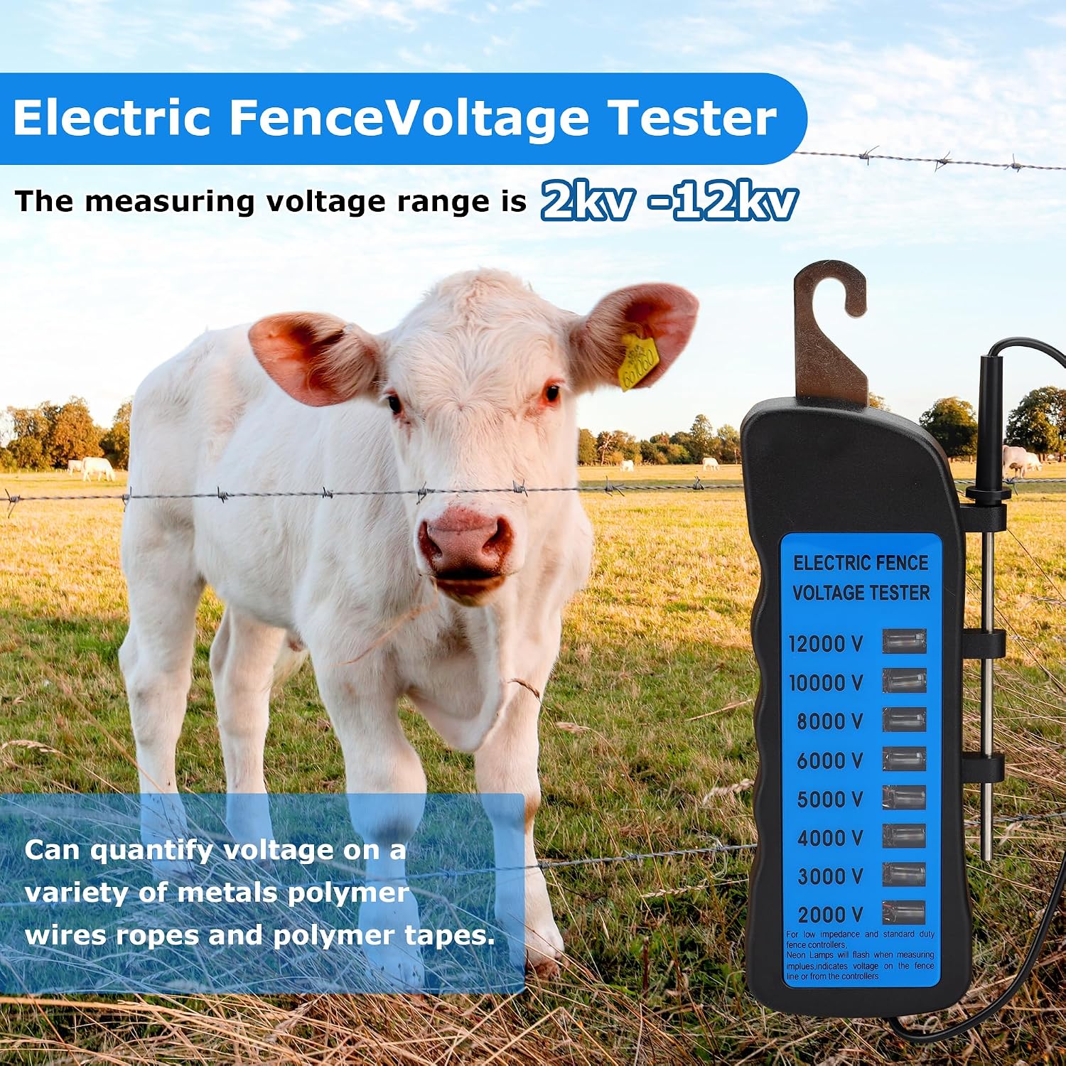 Electric Fence Voltage Tester, 12KV Fence Tester 8 Neon Indicator Lights