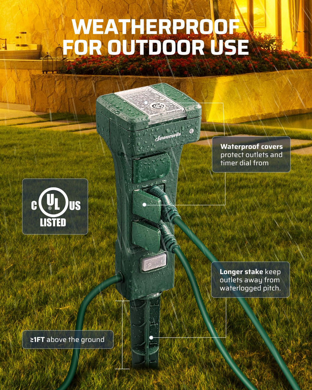 DEWENWILS Outdoor Power Stake Timer, Dusk to Dawn Timer with 6 Outlets