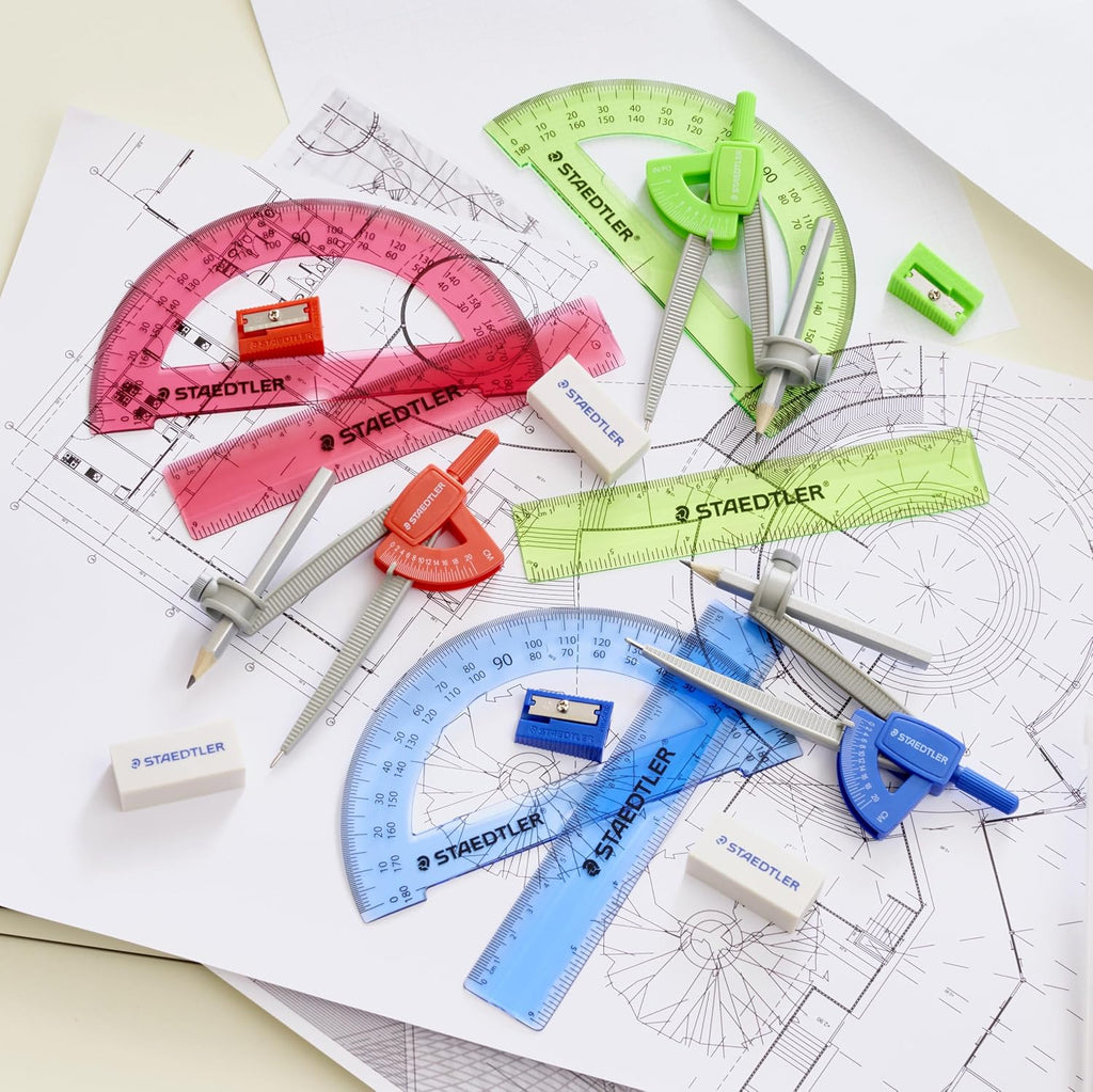 Student Math Set - Essential School Supplies with 6-Piece - Compass, 6in Ruler, 180° Protractor, Pencil, Eraser &