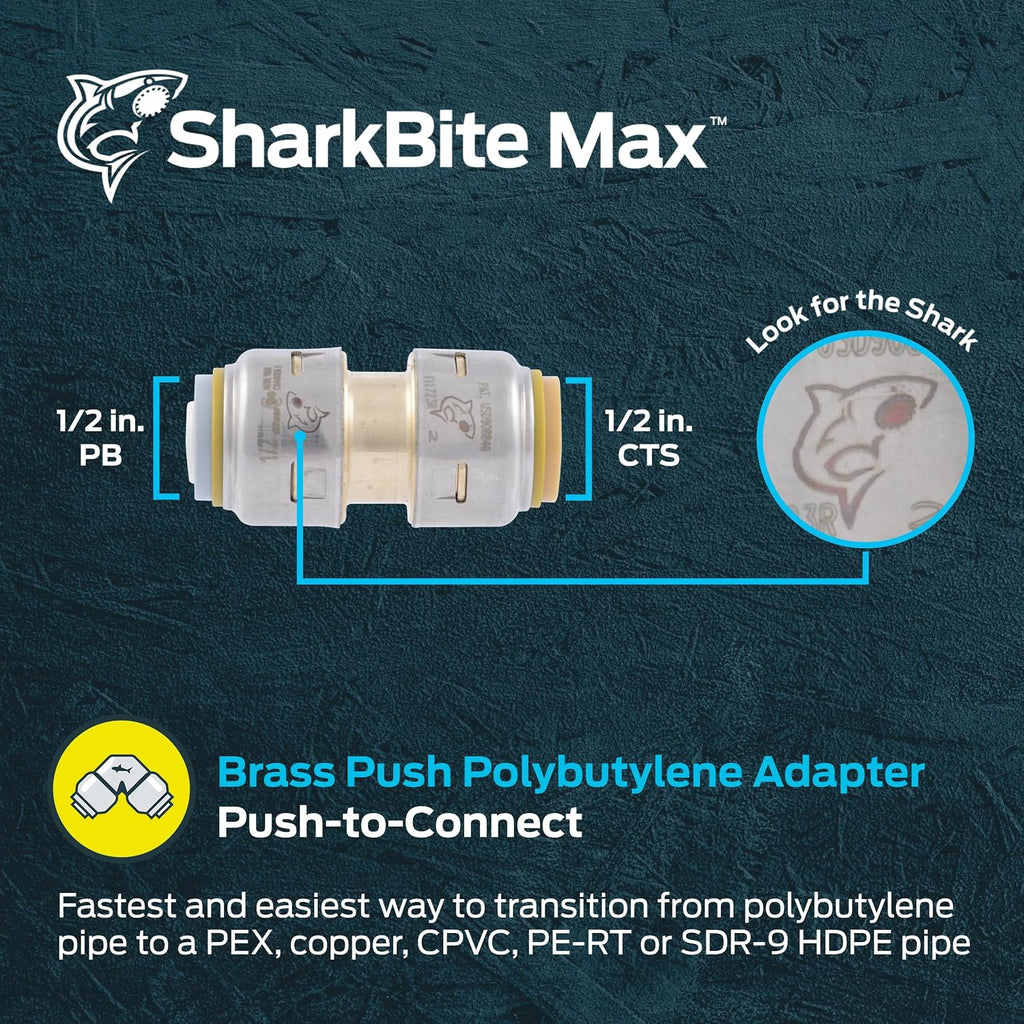 SharkBite Max 1/2 Inch Polybutylene Transition Coupling, Push to Connect Brass Plumbing Fitting, PEX Pipe, Copper, CPVC, PE-RT, HDPE, UR4008A