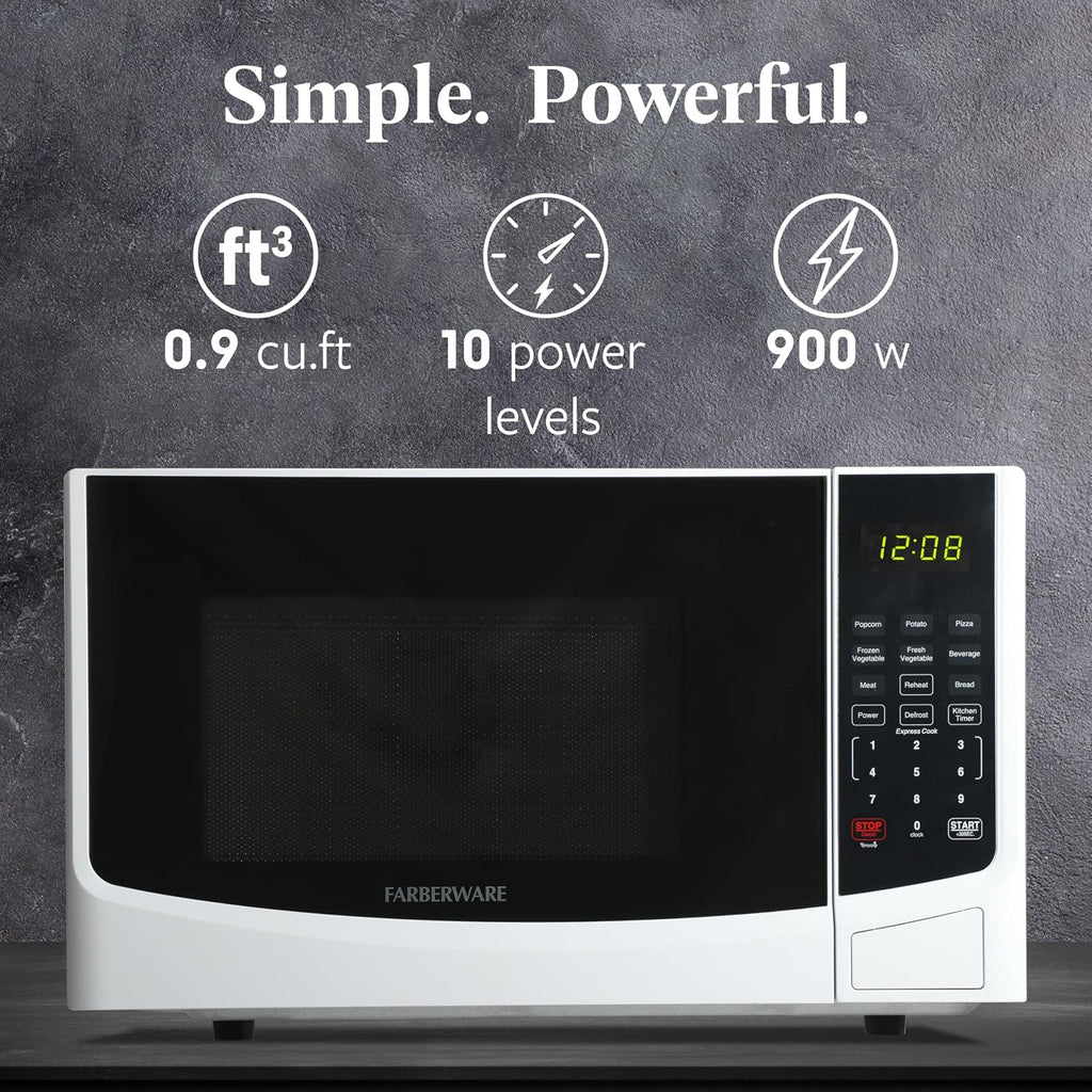 0.9 Cu. Ft. Countertop Microwave Oven – 900W Power, Auto Cook Settings, Defrost, and Safety Lock – White