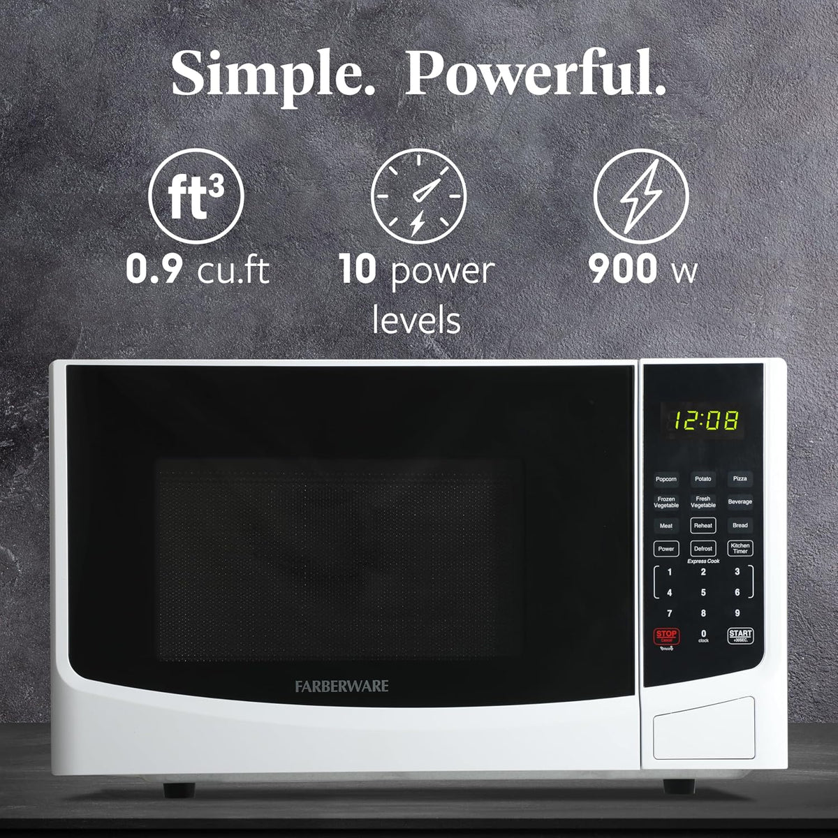 0.9 Cu. Ft. Countertop Microwave Oven – 900W Power, Auto Cook Settings, Defrost, and Safety Lock – White
