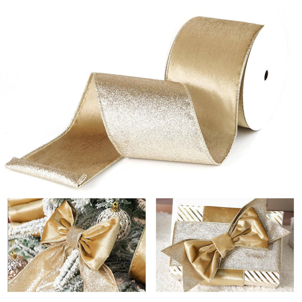 Gold Christmas Velvet Wired Ribbon 4 Inch, 10 Yards