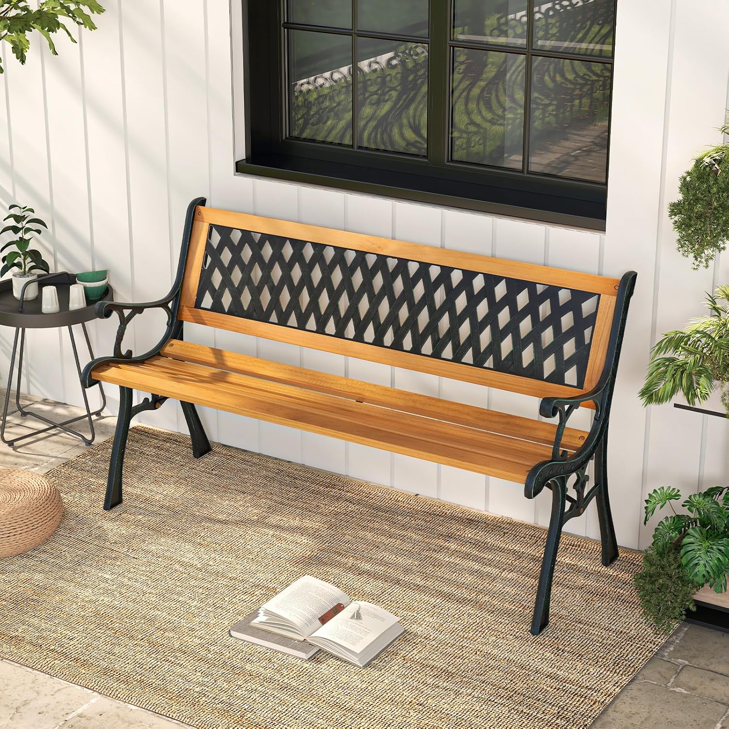 49.5" 3-Person Outdoor Bench with Lattice Pattern Backrest, 470 Lbs Capacity, Slatted Seat, Curved Armrests, Cast