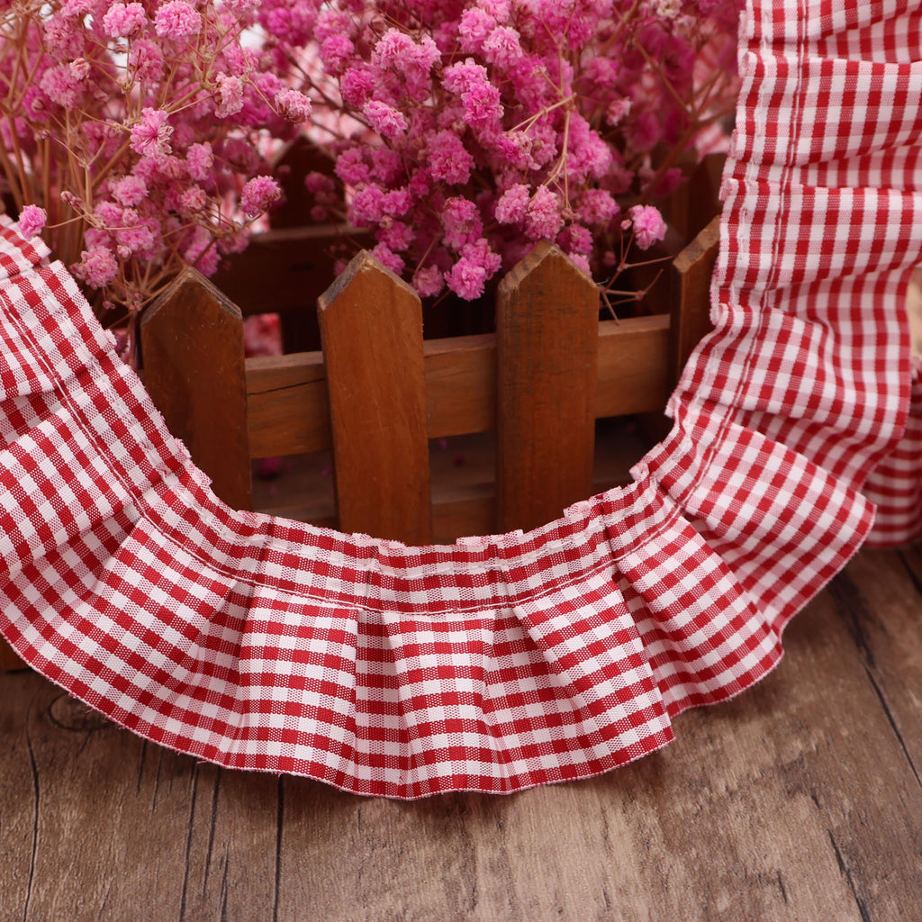 Red Gingham Ruffle Trim, 1.67 Inch x 5 Yards, Gathered Ribbon