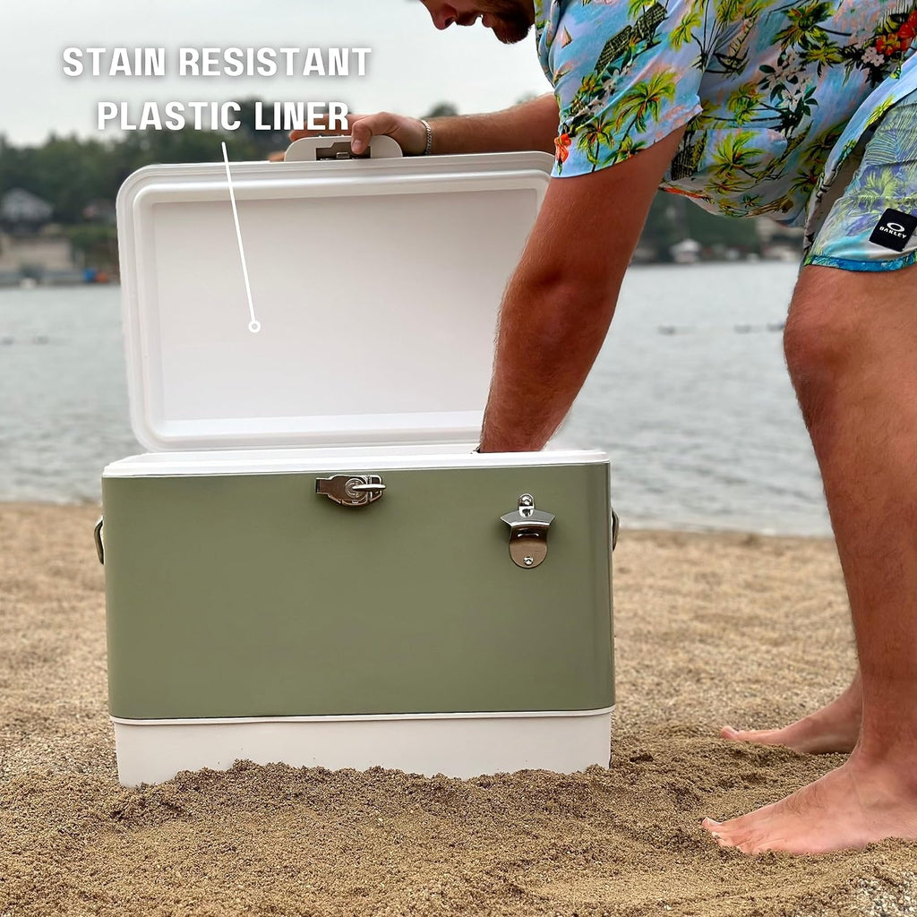 Hard-Sided 54 Qt. / 80 Can Metal Cooler | Durable outdoor beverage cooler with latch closure, bottle opener and side