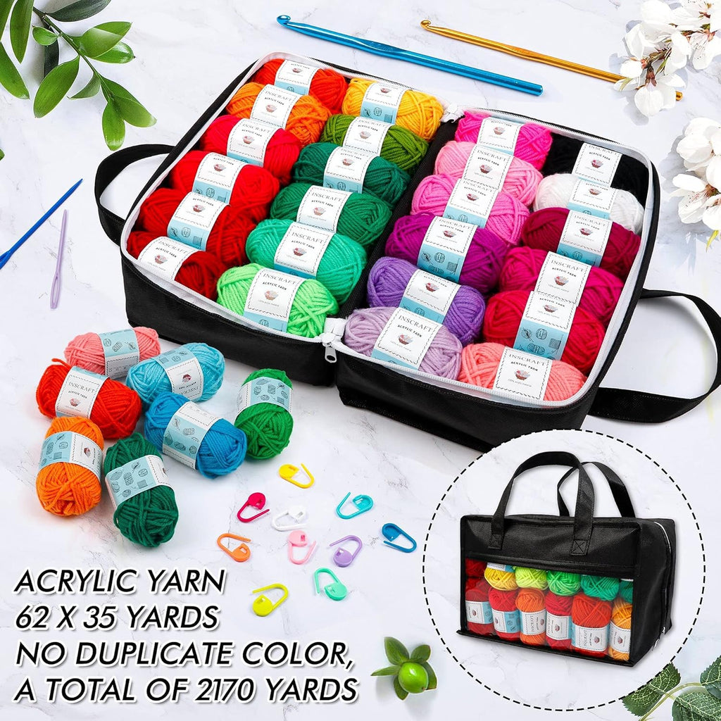 62 Acrylic Yarn Skeins, 2170 Yards Yarn for Knitting and Crochet, Includes 2 Crochet Hooks,2 Weaving Needles,10
