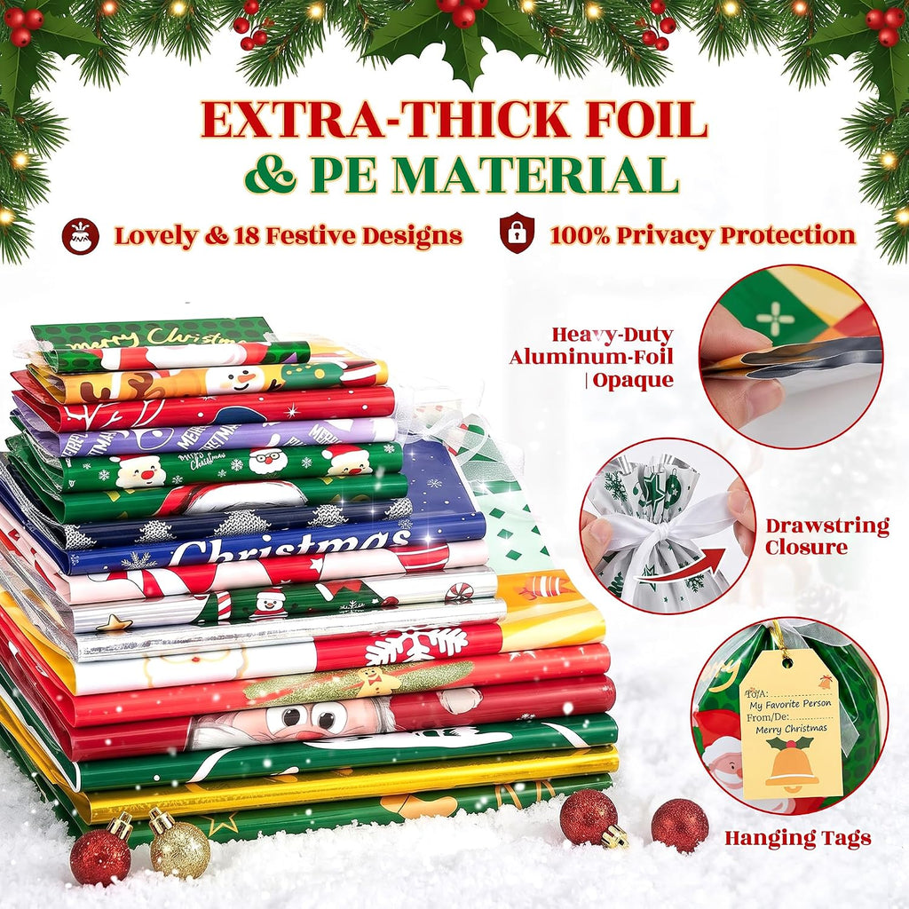 40PCS Christmas Drawstring Gift Bags, 5 Size Large Medium Small