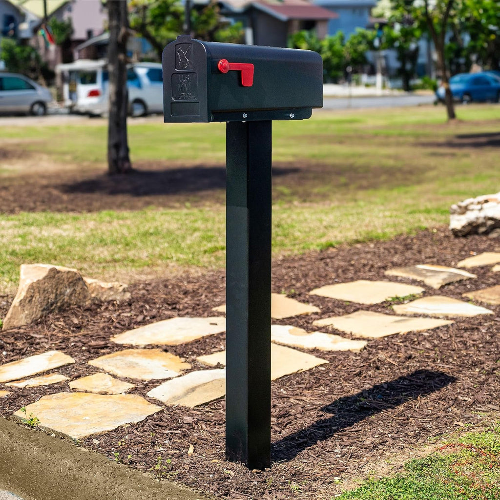 Mailbox Post and Mount | Galvanized Powder-Coated Steel Post and Universal Mounting Plate for Mailbox | Black