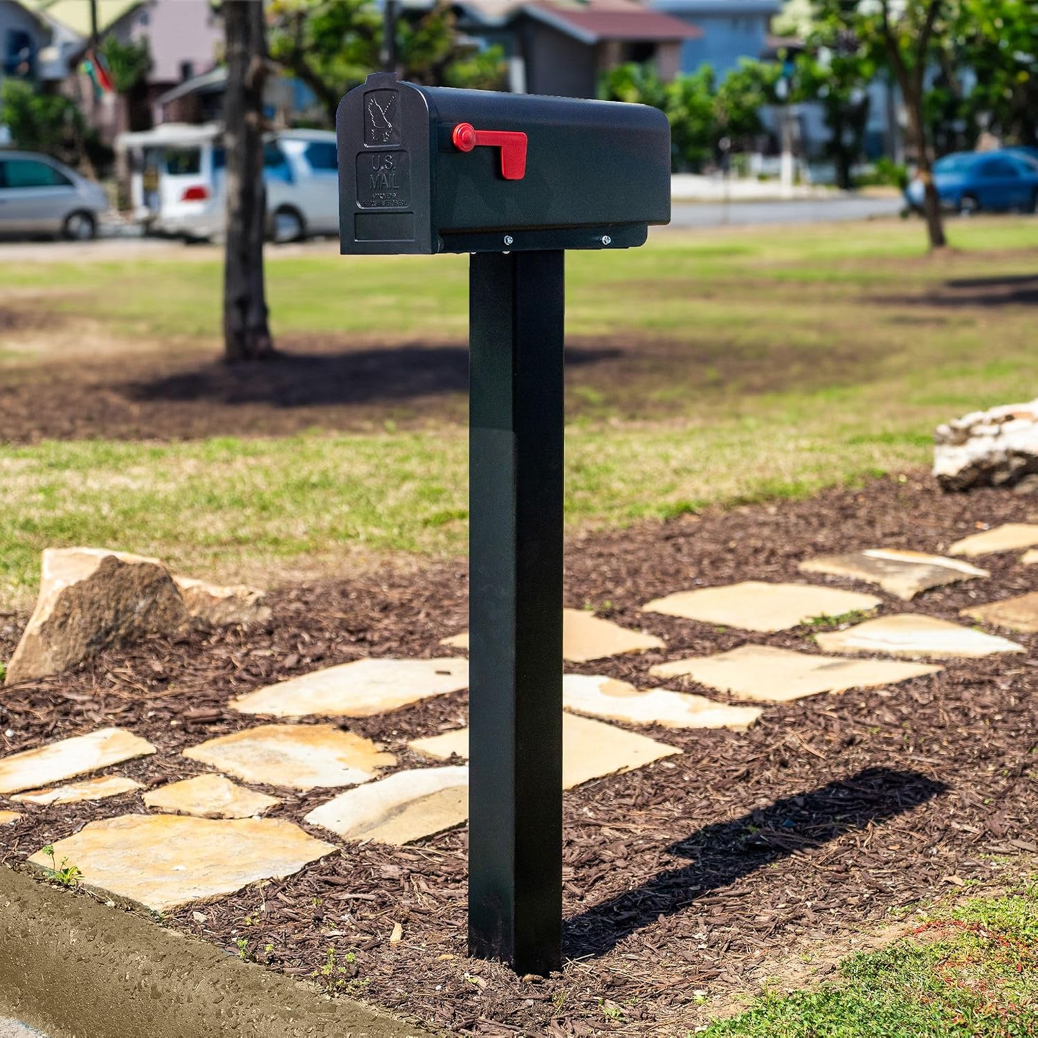 Mailbox Post and Mount | Galvanized Powder-Coated Steel Post and Universal Mounting Plate for Mailbox | Black