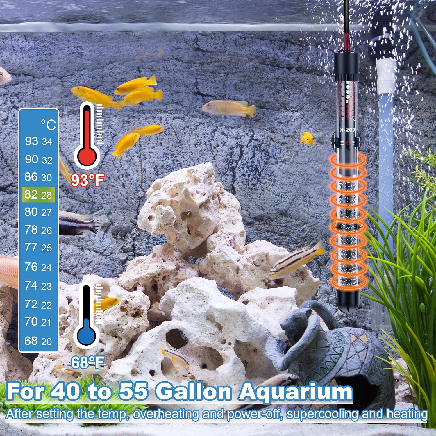 2 Set 100W Submersible Aquarium Heater with 4 Thermometer Stickers | Adjustable Aquarium Fish Tank Heater with