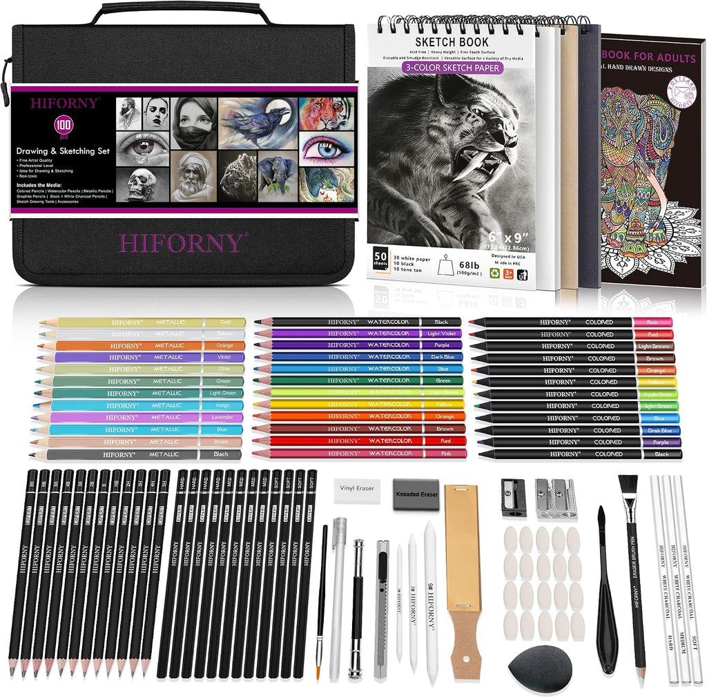 100 PCS Drawing & Sketching Set, Professional Art Supplies with Graphite,Charcoal, Colored,Watercolor,Metallic
