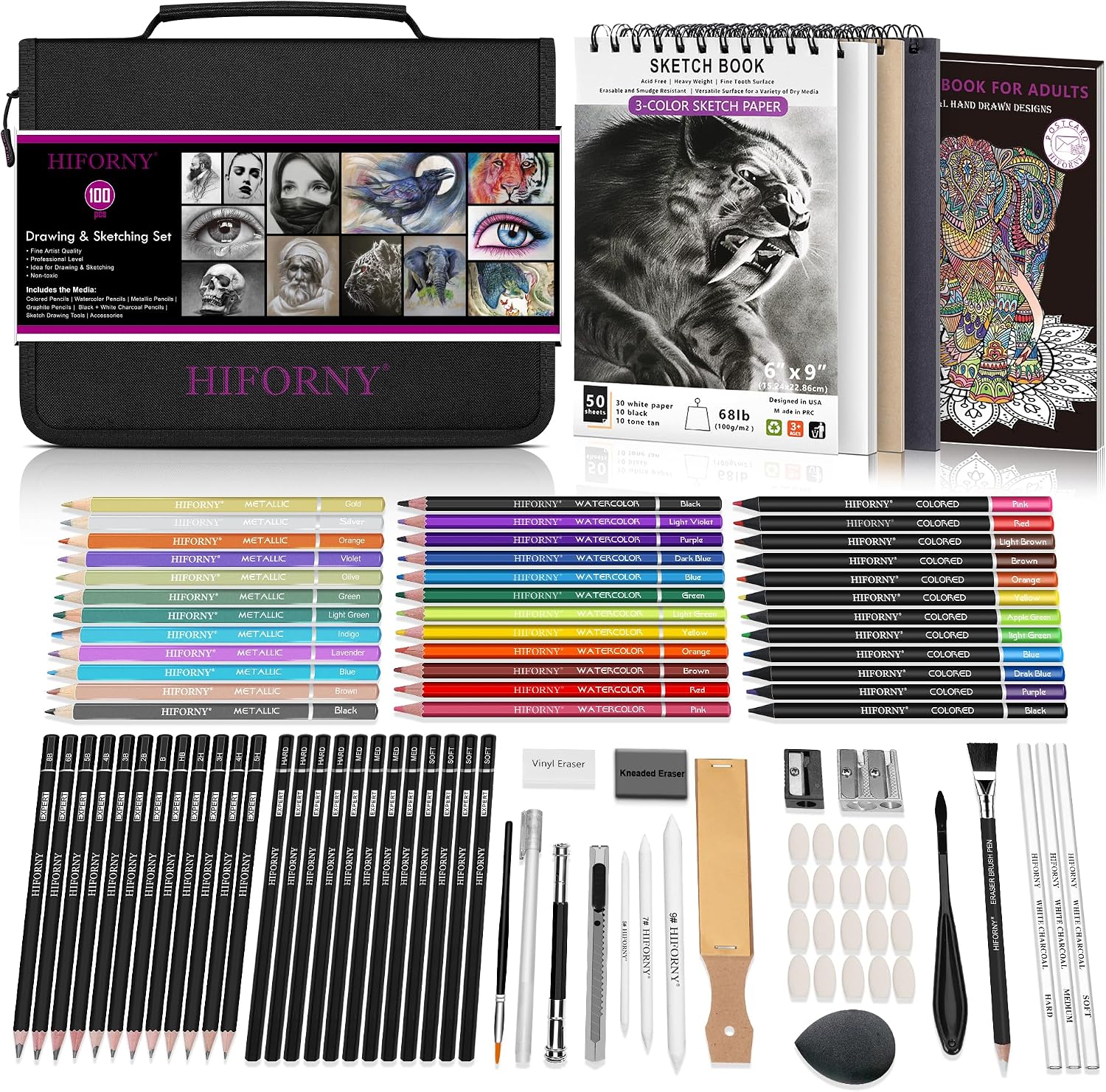 100 PCS Drawing & Sketching Set, Professional Art Supplies with Graphite,Charcoal, Colored,Watercolor,Metallic