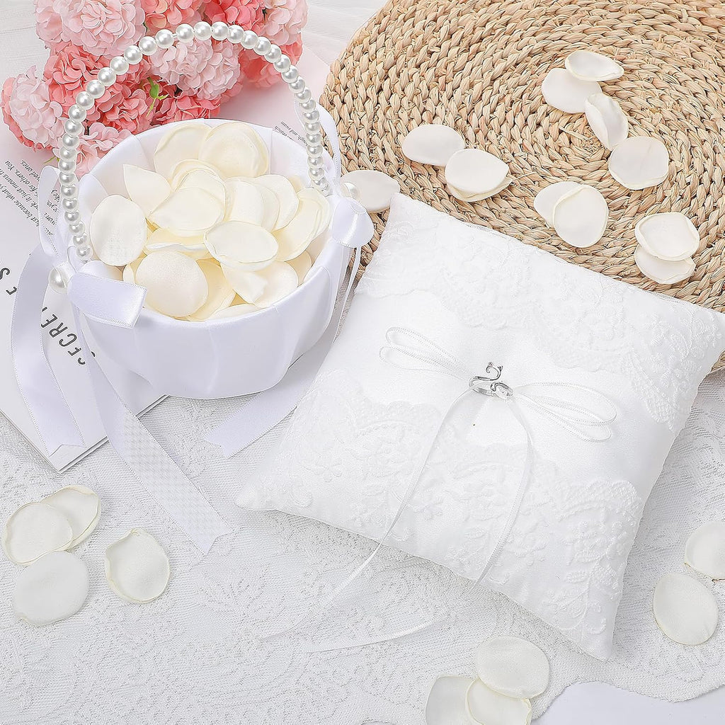 Wedding Flower Girl Basket and Ring Bearer Pillow Set 200 Ivory Rose Petal