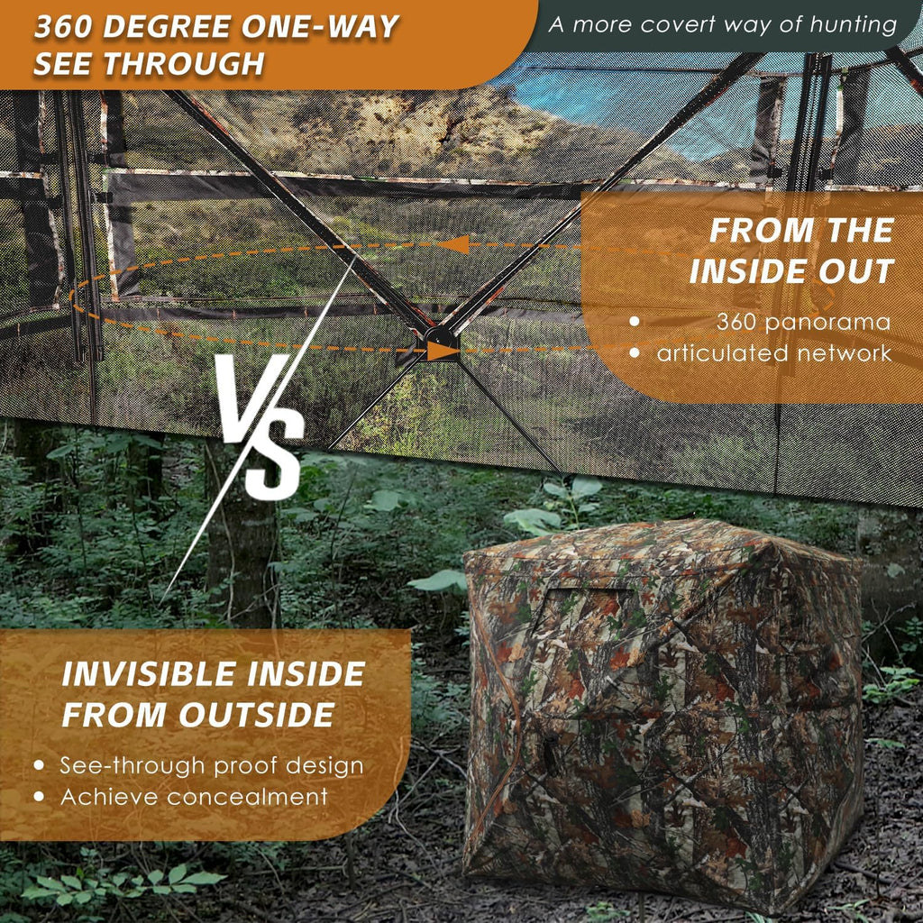 Hunting Blind with Floor Mat, 360 See Through Ground Blind, Pop Up | 2/3/4 Person Camouflage Tent, Portable Concealed