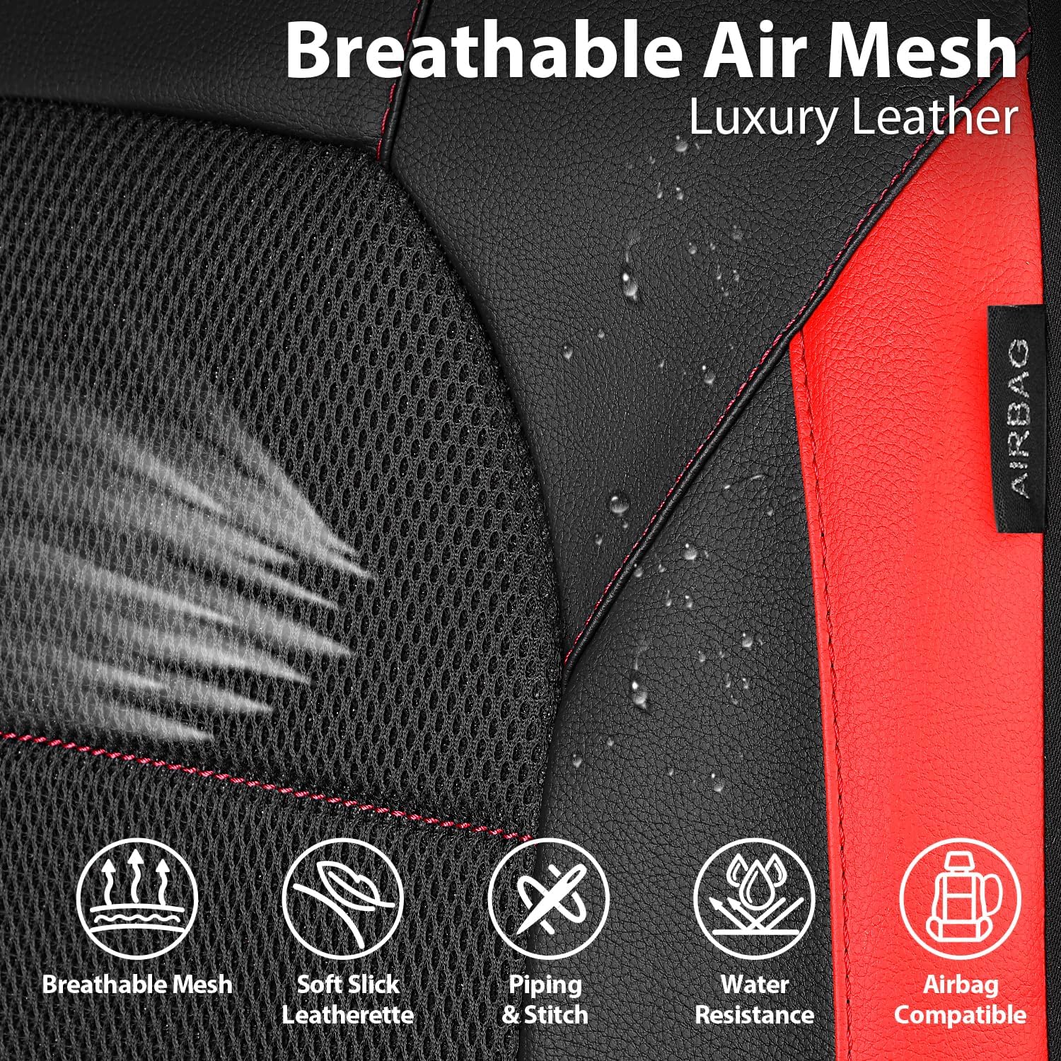 Universal Leather car seat Covers Sport fits Most Cars, SUVs, Trucks, and Vans (Full Set, Black Red)