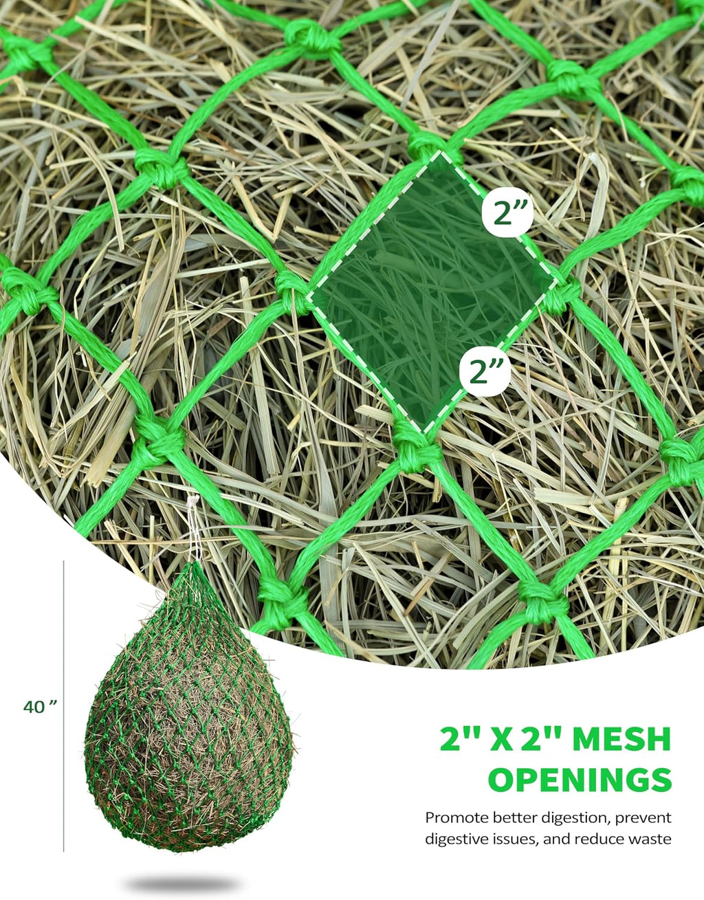 Slow Feed Hay Net for Horses, 40 Inch Hay Bag Holds 1–2 Flakes, 2 Inch Mesh Durable Hanging Feeder for Stable
