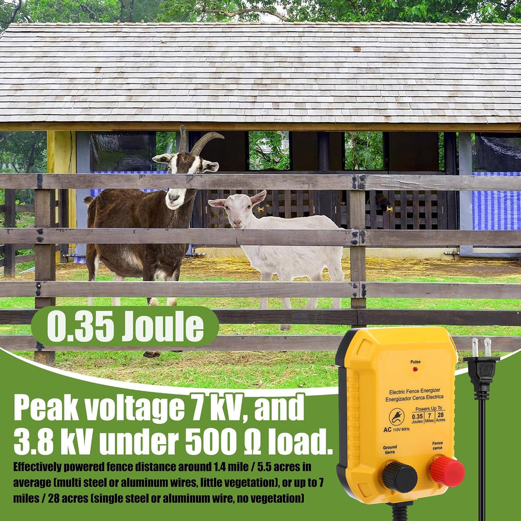 Electric Fence Charger Kit 0.35 J 7 Mile 50 Insulators 250ft Wire | 110V AC Range for Chickens Pets Poultry, Kit with