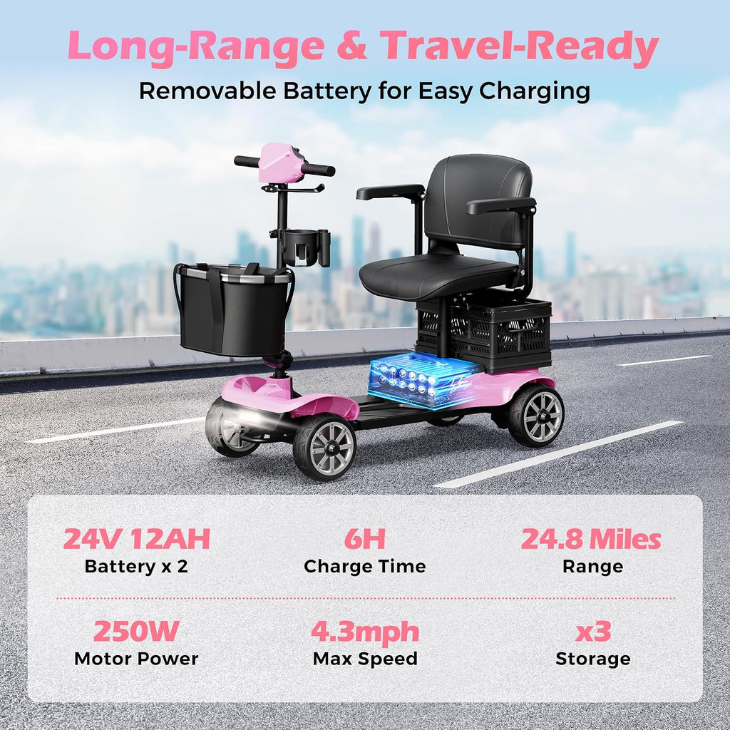 Mobility Scooter for Adults with Spare Battery – 24.8 Miles Total Range, 4-Wheel Foldable Portable Motorized Scooter