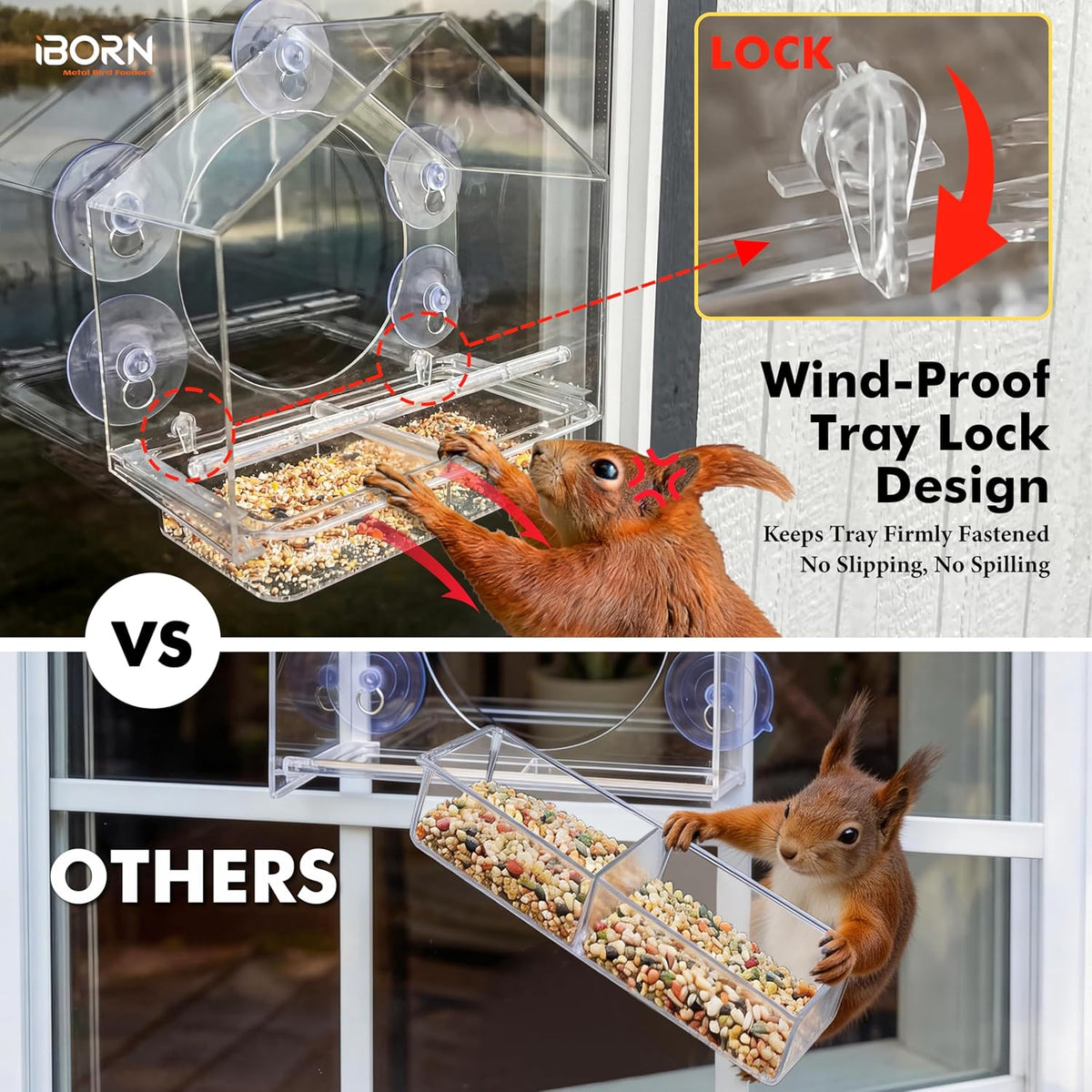 Large Window Bird Feeder w/Wind-Proof Tray Lock, Chew-Resistant PC, 1.2LB
