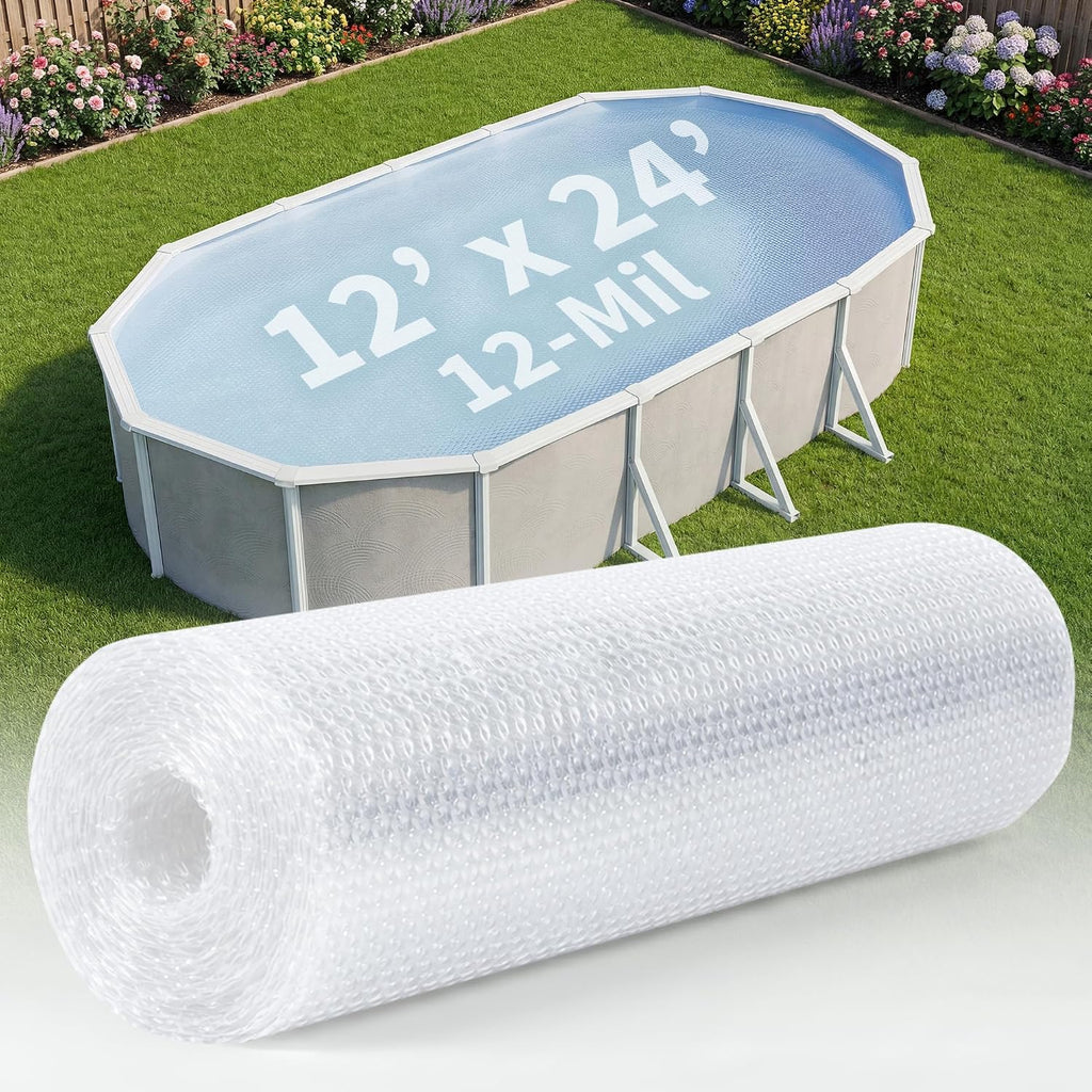 12x24-ft Oval Solar Pool Cover 12-Mil Clear – Solar Cover for Above Ground Pool, Thermal Bubble Blanket for Heat