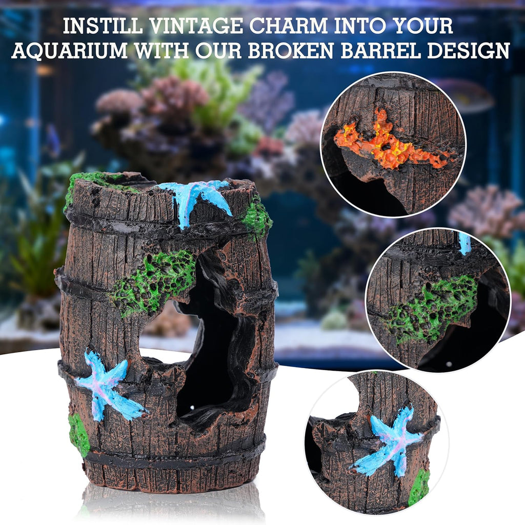 11 Aquarium Plants & Fish Tank Broken Barrel Cave Decorations Set | Broken Barrel Cave and Soft Artificial Plastic