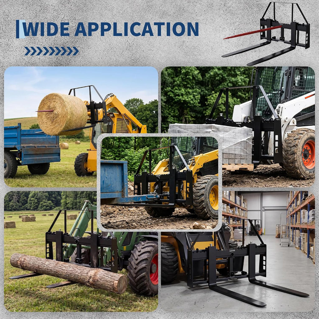 Skid Steer Pallet Fork Frame with 48" Fork Blades for Loaders | 4000Lbs, Pallet Fork Attachment with 2" Hitch