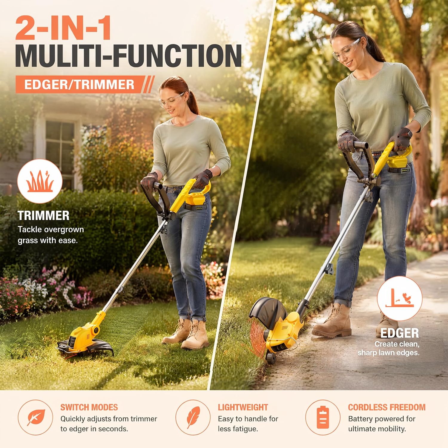 21V Cordless Weed Wacker,12 Inch String Trimmer with Auto Line Feed | Battery Powered Weed Eater with 2 x 2.0Ah