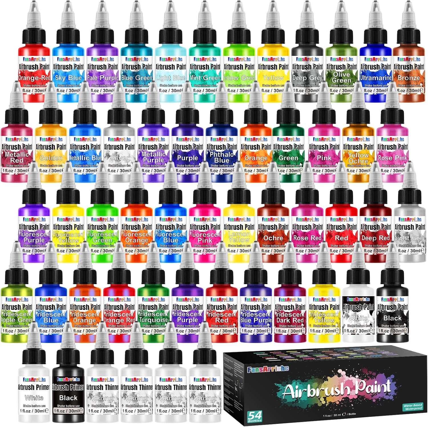 Airbrush Paint, 48 Colors (1 fl oz) with 4 Thinner & 2 Primer | Ready to Spray Water-Based Metallic & Neon &