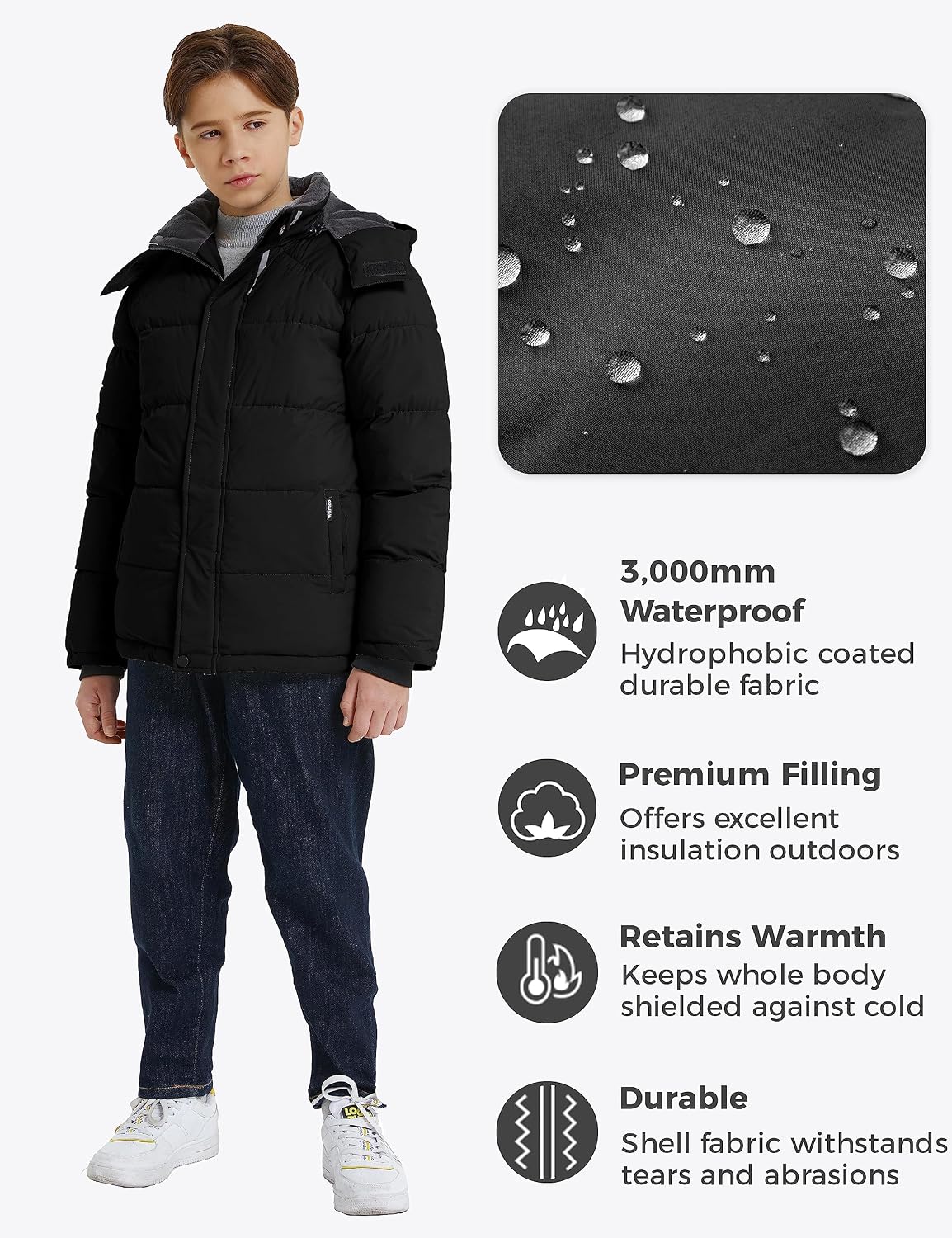 Boys Puffy Winter Coats Fleece-Lined Snow Jackets Removable Hood | Elastic Cuffs, Hook-and-Loop Collar, Windproof