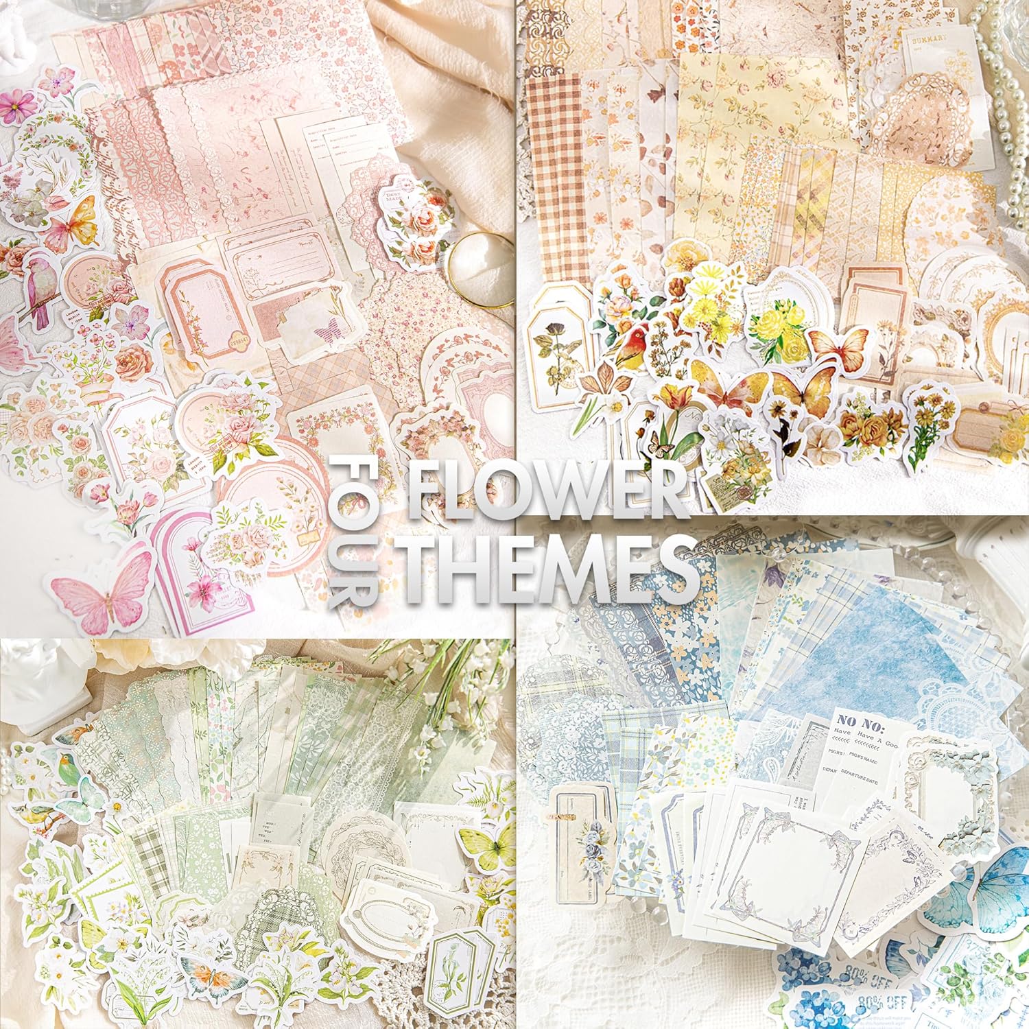 Vintage Floral Scrapbook Paper & Journaling Stickers (400pcs) Assorted Set - 4 Pack Junk Journal Supplies for Bullet