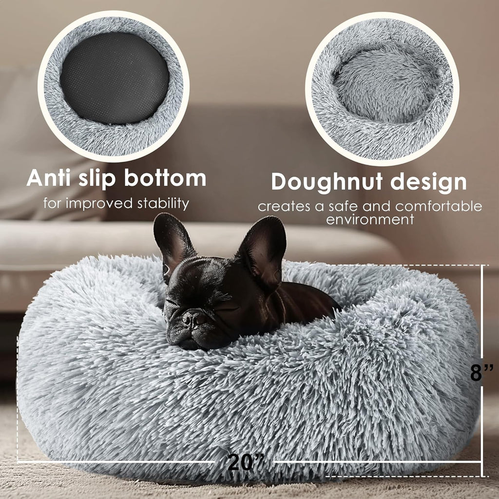 Dog & Cat Bed for Indoor Cats, 20in Calming Donut Bed for Puppy and Kitten, Washable Round Fluffy Pet Bed for Small