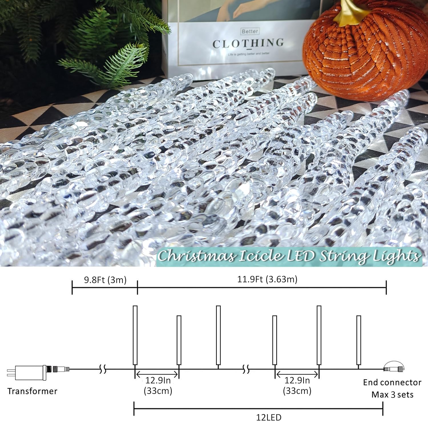 21.7 FT Icicle Lights, 60 LED Twinkle Icicle String Lights with 12Tube | Multicolour Christmas Light with 11 Modes