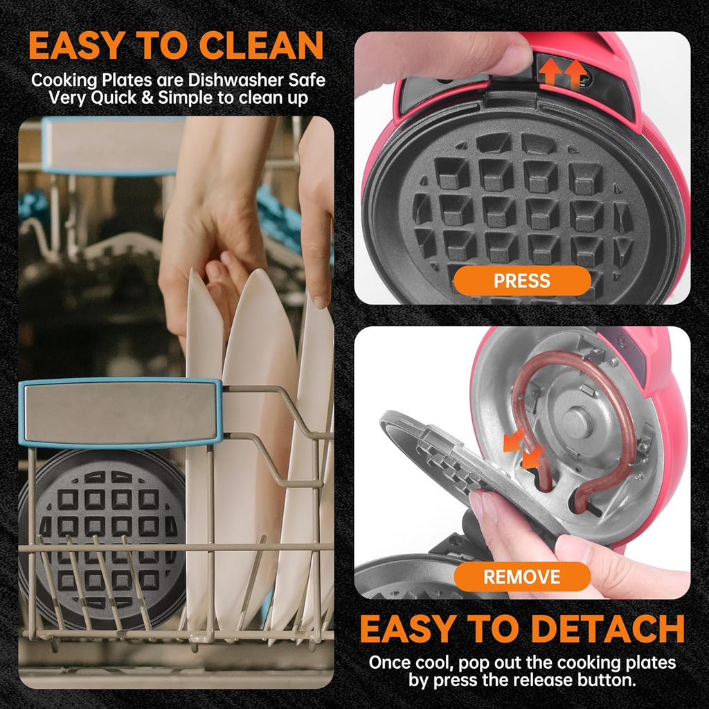 4 in 1 Mini Waffle Maker with Removable Plates, Set Includes Mini Pancake, Donut, Heart Shape Waffle Makers, Compact