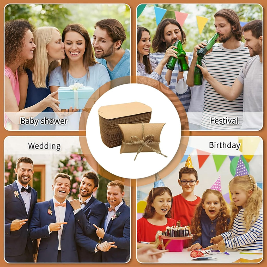 50 Pack Brown Paper Pillow Gift Boxes for Wedding Party Favors