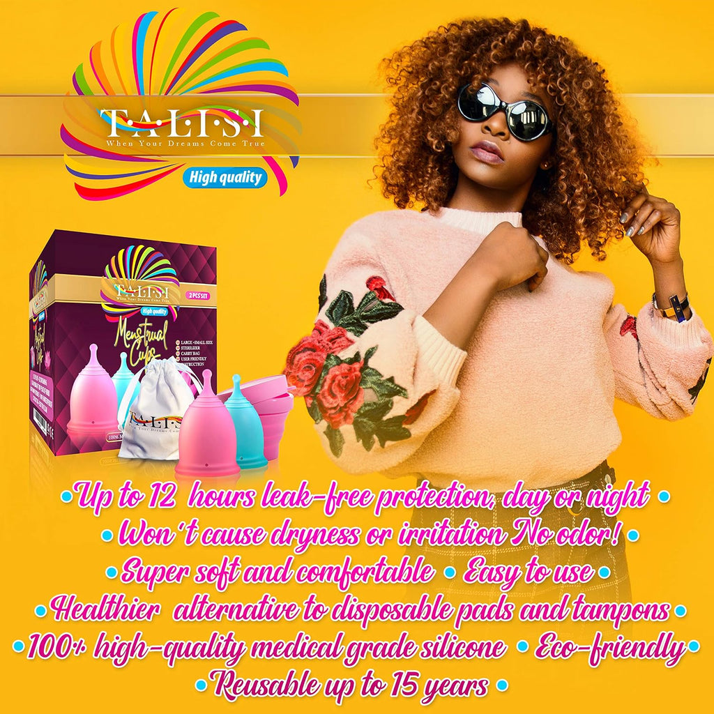 Talisi Menstrual Cups Set of 2 with Collapsible Silicone Foldable Sterilizing Cup - Tampon and Pad Alternative