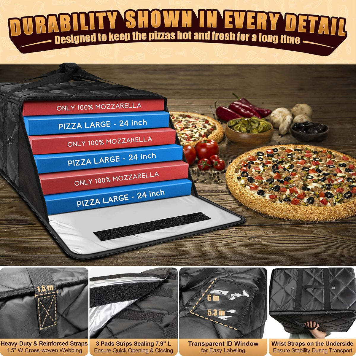 Pizza Bag for Delivery, 24" x 24" x 14" Large Pizza Warmer Bag