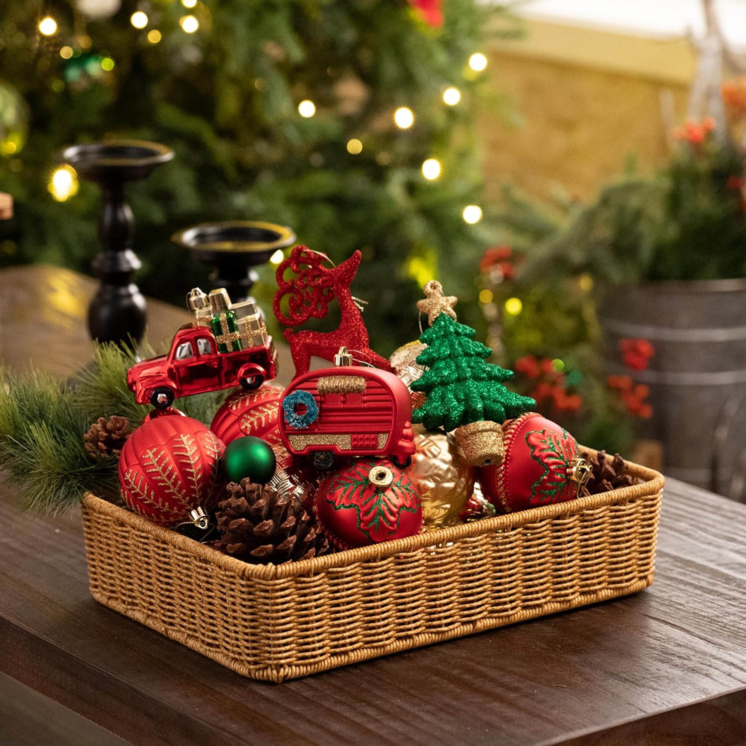 Christmas Tree Ornaments Set, 60ct Red Green and Gold Shatterproof Christmas Tree Decorations Bulk, Traditional
