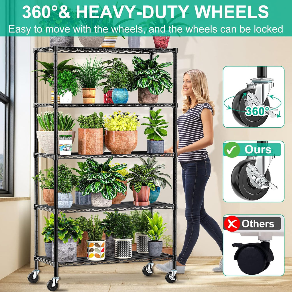 5-Tier Rolling Storage Shelf with Wheels, Metal Wire Shelving Unit