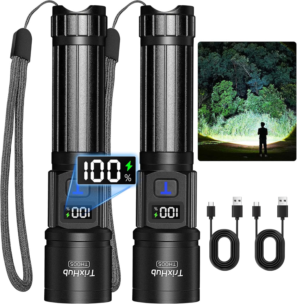 Rechargeable Flashlights 2 Pack, Super Bright High Lumens Flash Light, 5 Modes Zoomable Linternas with LCD Digital