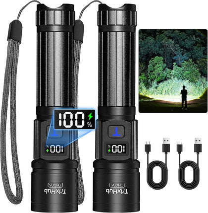 Rechargeable Flashlights 2 Pack, Super Bright High Lumens Flash Light, 5 Modes Zoomable Linternas with LCD Digital