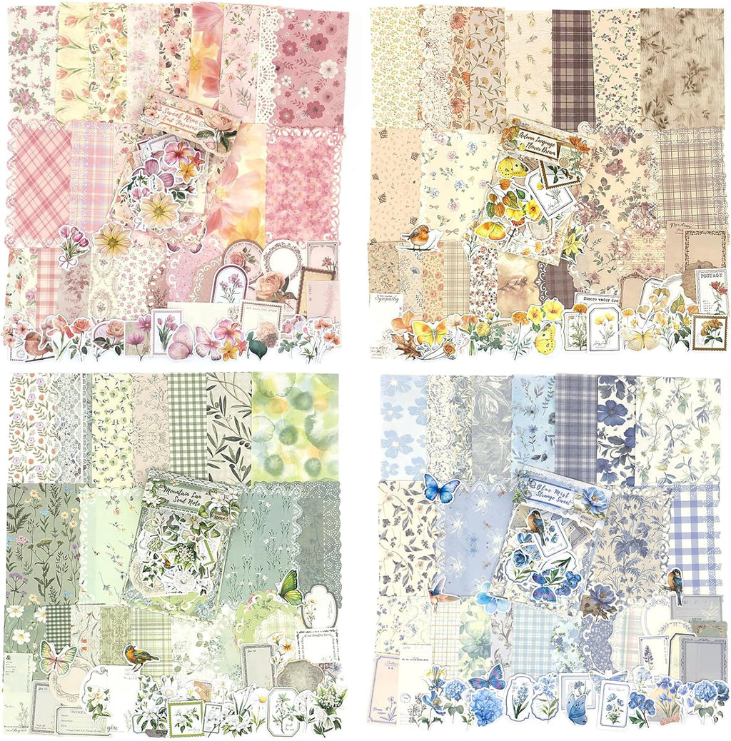 Scrapbook Supplies Kit – 400Pcs Vintage Floral Scrapbook Paper & Junk Journal Stickers, 4 Pack Journaling Supplies