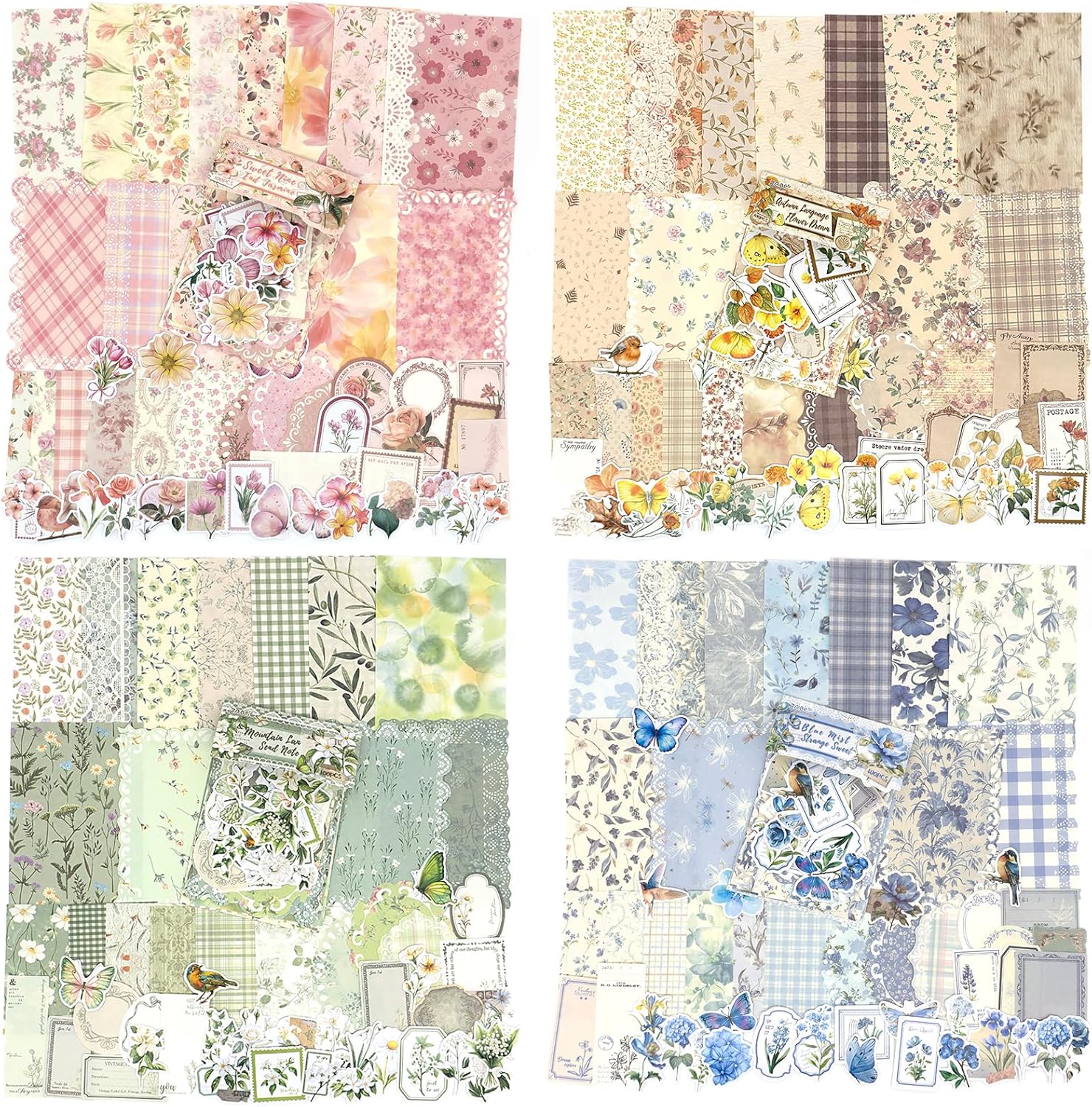 Scrapbook Supplies Kit – 400Pcs Vintage Floral Scrapbook Paper & Junk Journal Stickers, 4 Pack Journaling Supplies