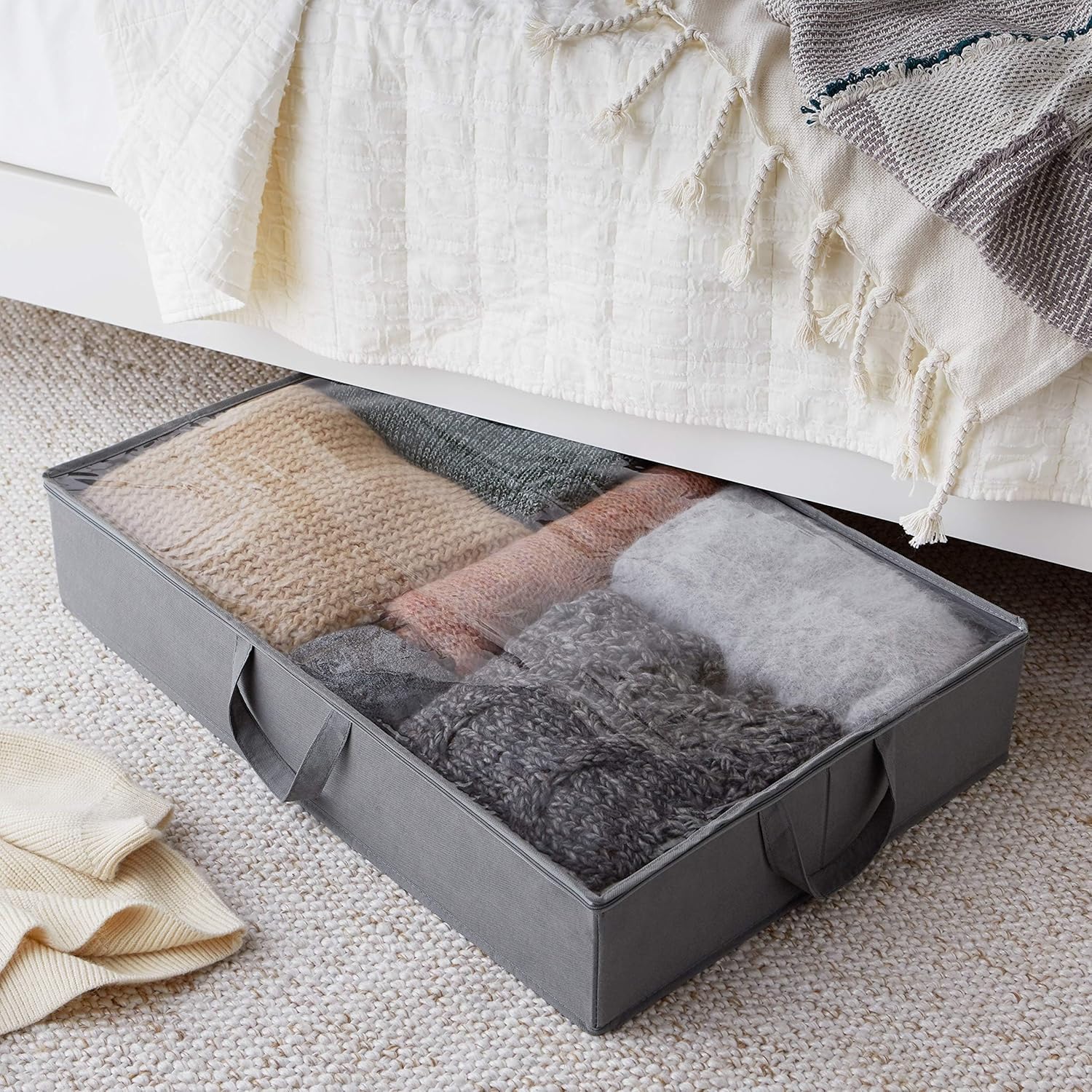 Under Bed Storage Bags for Clothes, Blankets and Linens, Foldable Fabric Containers with Clear Window and Handles