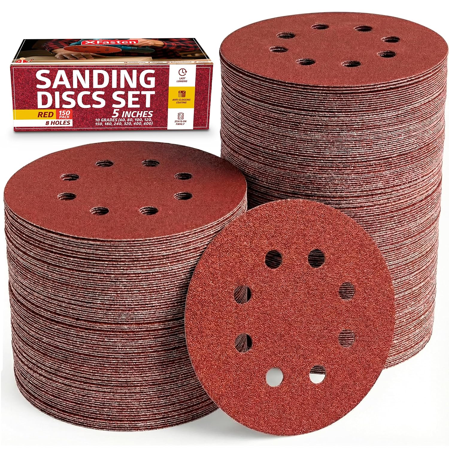 5 Inch Sanding Discs Hook and Loop (150 PCS) Durable, Secure Hold 60 80 100 120 150 180 240 320 400 600 Grit 5