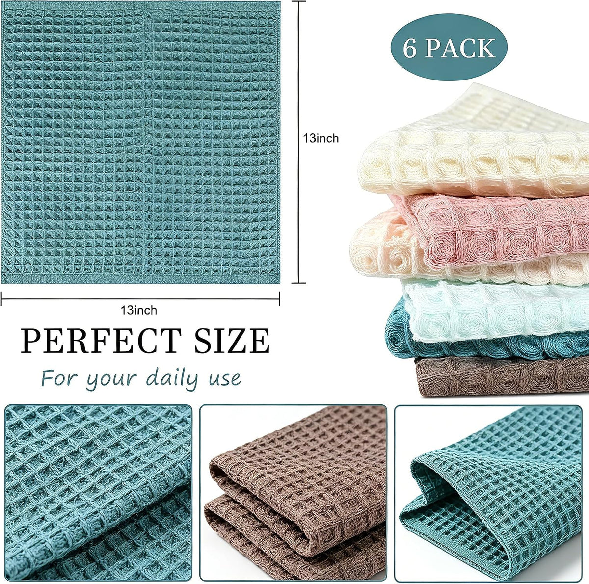 Kitchen Towels Set 6 Pack, 100% Cotton Waffle Weave Dish Cloths & Dish Towels, 13x13 Inch Hand Towels for Kitchen