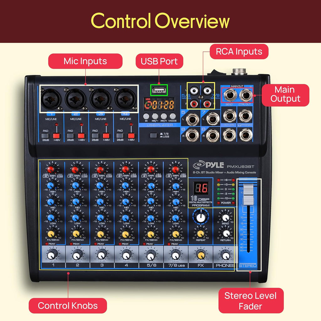 8 Channel DJ Audio Mixer, Bluetooth, DSP FX, USB, Audio Interface | +48V Phantom Power, 16Bit DSP Processor, USB-A