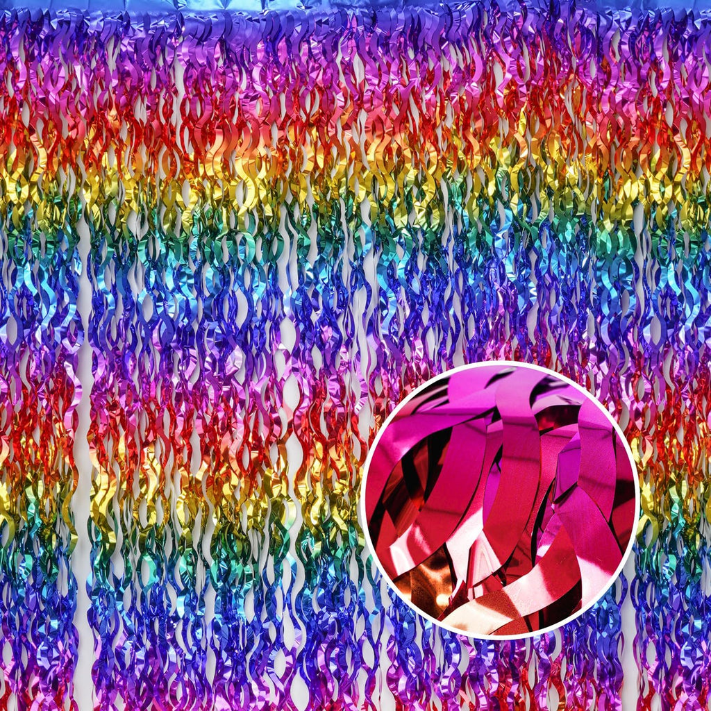 Shiny Rainbow Foil Fringe Curtain Wavy Rainbow Tinsel Streamer Backdrop for Party Decorations Birthday Wedding